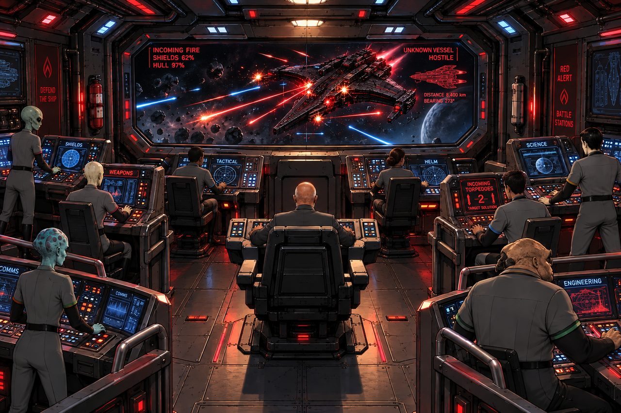 The bridge under fire, red light, the viewscreen full of an enemy warship