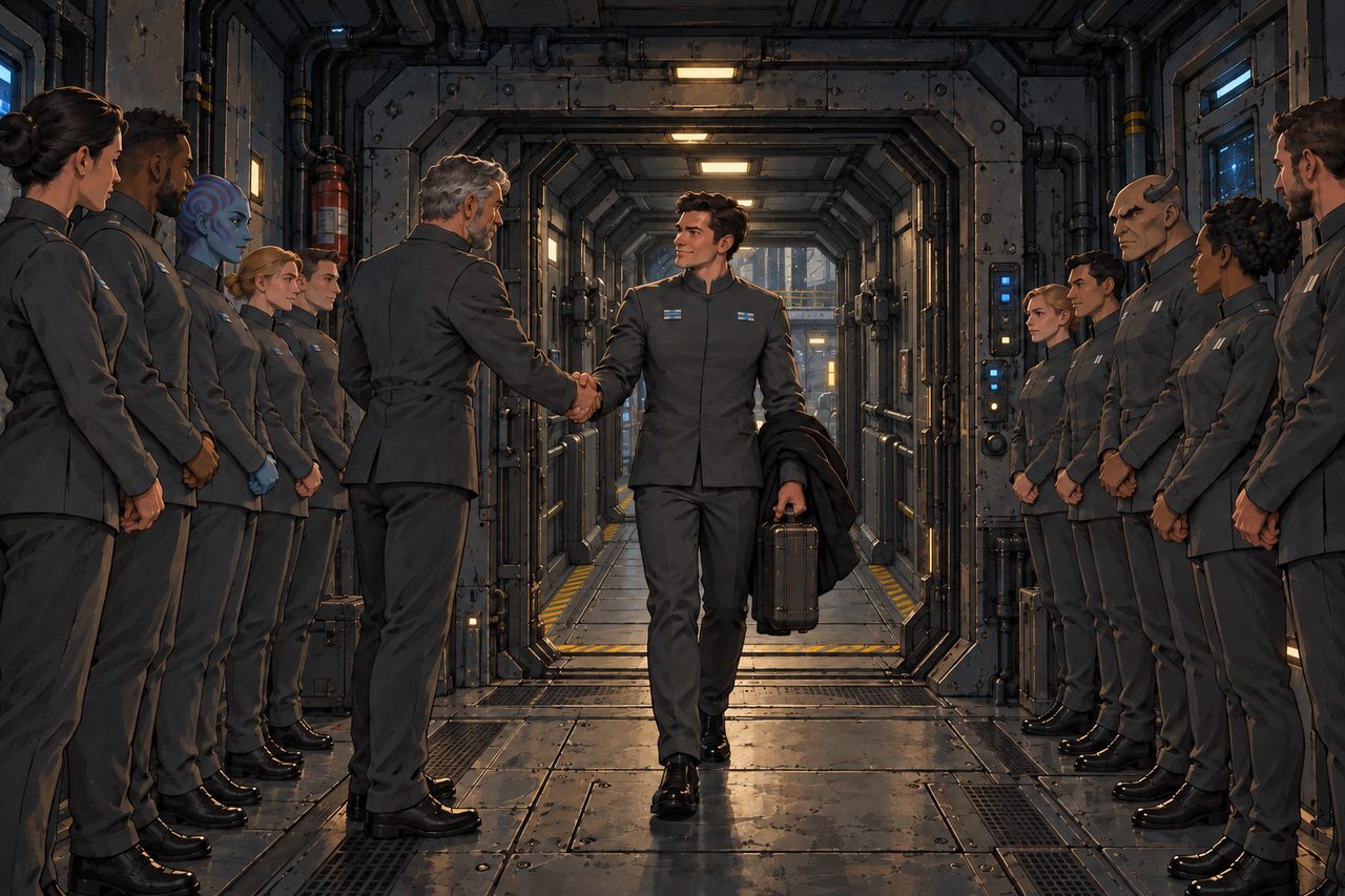 A newly posted captain walking between lines of officers to his first command