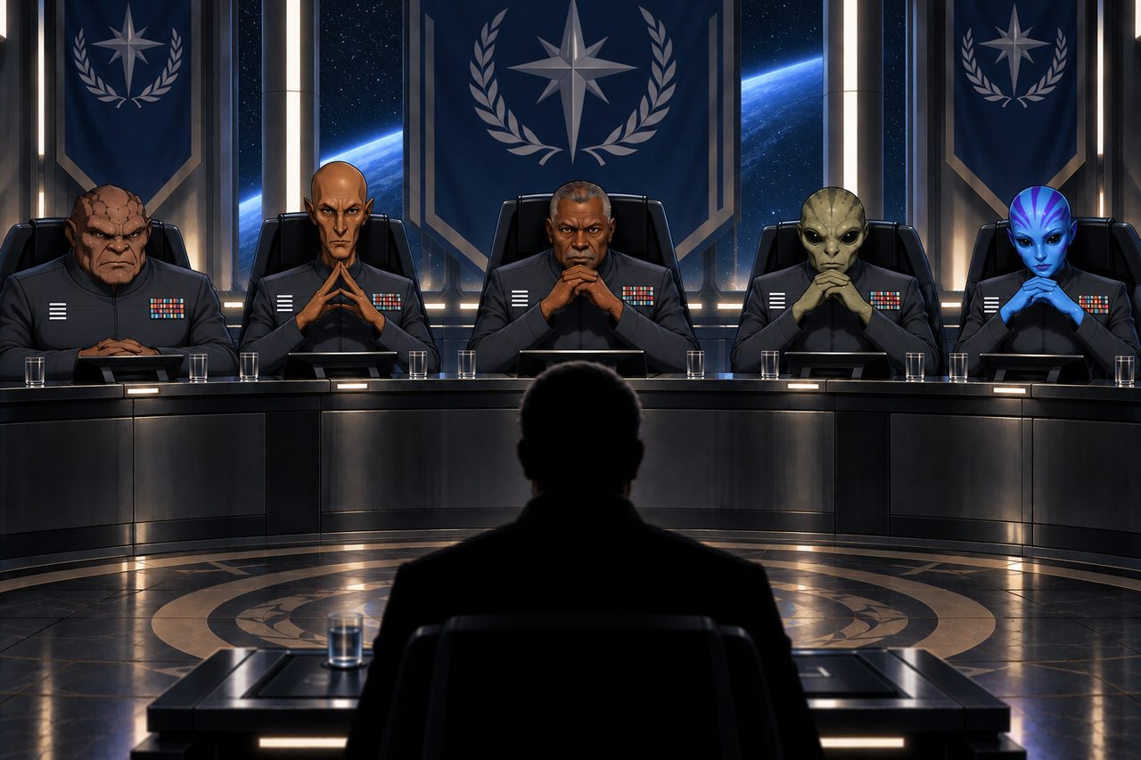 A court of five Concord admirals of different species, the captain standing before them