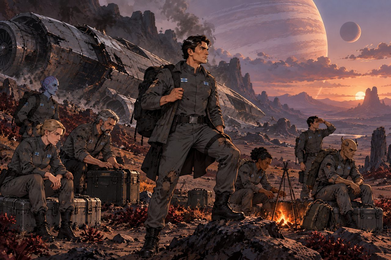 A crew marooned on a rocky world under two moons, their wrecked ship behind them